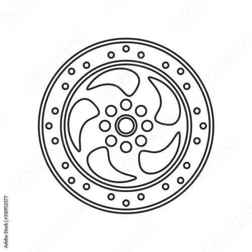 Line vector icon auto moto parts accessories brake disk. Repair service equipment. Engine elements shop catalog. Vintage vehicle symbol. Motorcycle mechanic. Transportation. Graphic element sign.