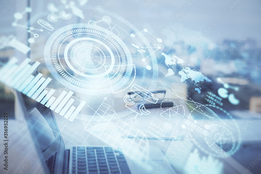 Multi exposure of business theme icons and work space with computer background. Concept of success. Multi exposure of business theme icons and work space with computer background. Concept of success.