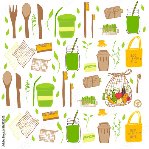 Hand drawn Zero waste concept set. No plastic elements of eco life: reusable paper, bamboo, wooden, fabric cotton bags, glass, jars, cutlery. Vector go green, bio logo or sign. Organic design template