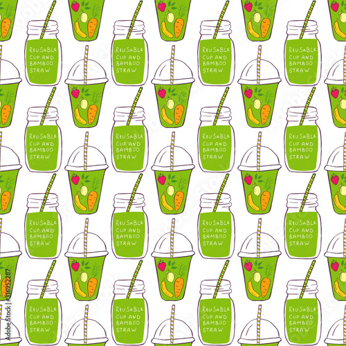 Hand drawn Zero waste seamless pattern. No plastic elements of eco life:  glass, jars, cutlery. Vector go green, bio logo or sign. Organic design template