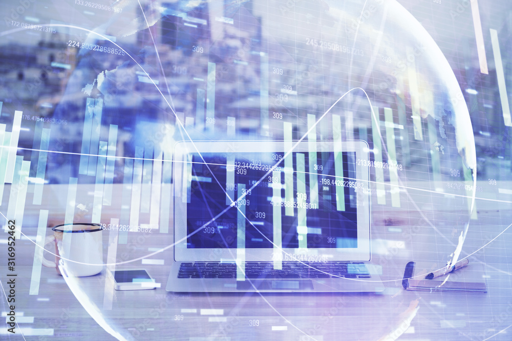 Multi exposure of business theme icons and work space with computer background. Concept of success. Multi exposure of business theme icons and work space with computer background. Concept of success.