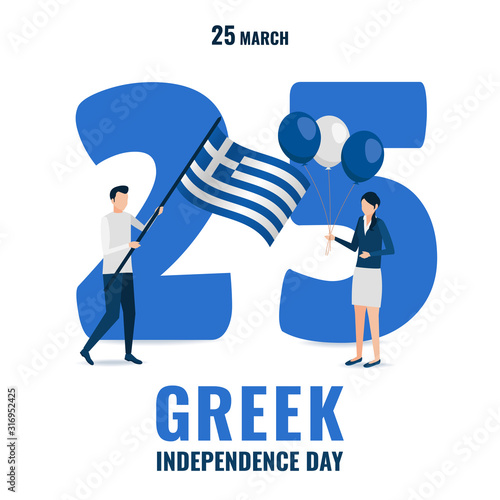 Vector Illustration on the theme Greek Independence Day. Characters hold the flag and balloons on the background of the number 25. Flat style.