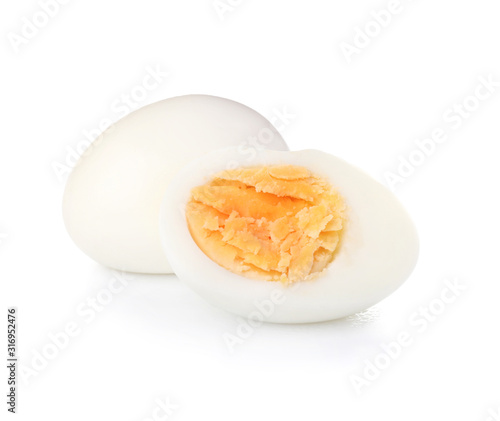 Tasty boiled eggs on white background