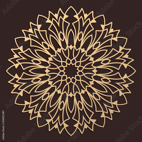 Laser cutting mandala. Wooden decal. Boho concept. Golden floral pattern. CNC silhouette ornament. Vector coaster lasercut design. Flower for woodcut, papercut or metalcut. Plywood.