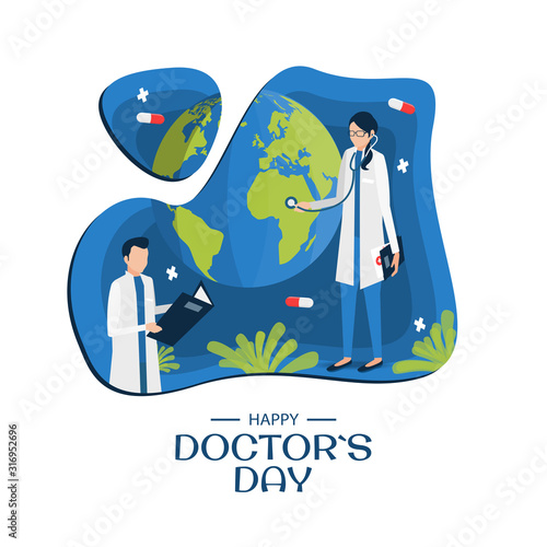 Vector Illustration on the theme Doctor`s Day.  Greeting card Happy Doctor's Day. Mosern flat design. photo