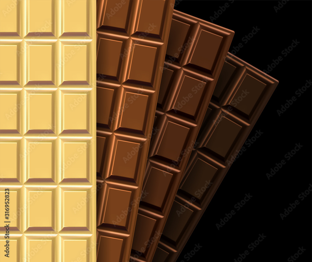 A set of chocolate bars with square patterns of different colors on a black background. 3D vector. High detailed realistic illustration A set of chocolate bars with square patterns of different colors on a black background. 3D vector. High detailed realistic illustration