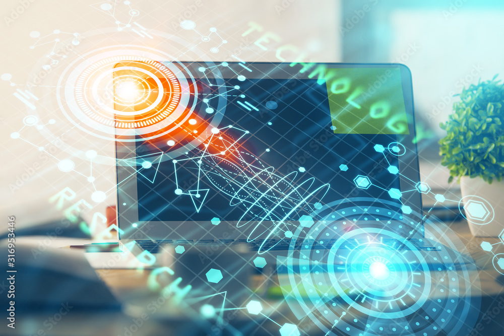 Double exposure of computer and technology theme hud. Concept of innovation. Double exposure of computer and technology theme hud. Concept of innovation.
