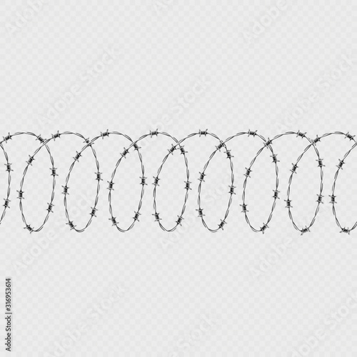 Set of spiral shape barbed wire isolated on transparent background. Horizontal seamless pattern with twisted barbwire. EPS 10