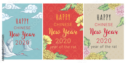 Happy chinese new year. Set of greeting cards with flowers and cranes.