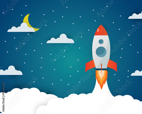 Rocket launch ship flat design vector, start up concept,moon night time on space.