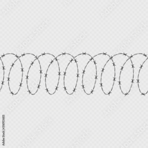 Set of spiral shape barbed wire isolated on transparent background. Horizontal seamless pattern with twisted barbwire. EPS 10