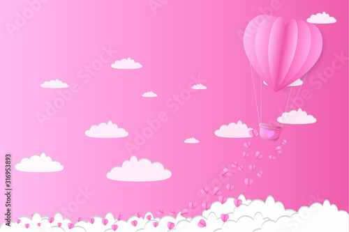 Illustration of love and valentines day Make a balloon flying in the sky with hearts floating in the sky.