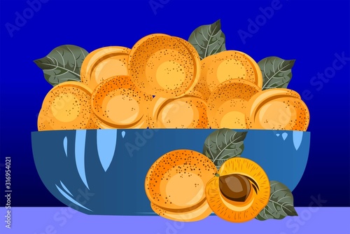 Blue bowl with ripe, juicy apricots in it, jam
