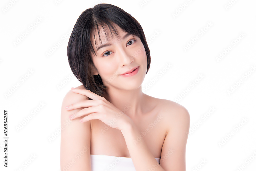 Beautiful Young Asian Woman with Clean Fresh Skin. Face care, Facial treatment, on white background, Beauty and Cosmetics Concept. Beautiful Young Asian Woman with Clean Fresh Skin. Face care, Facial treatment, on white background, Beauty and Cosmetics Concept.