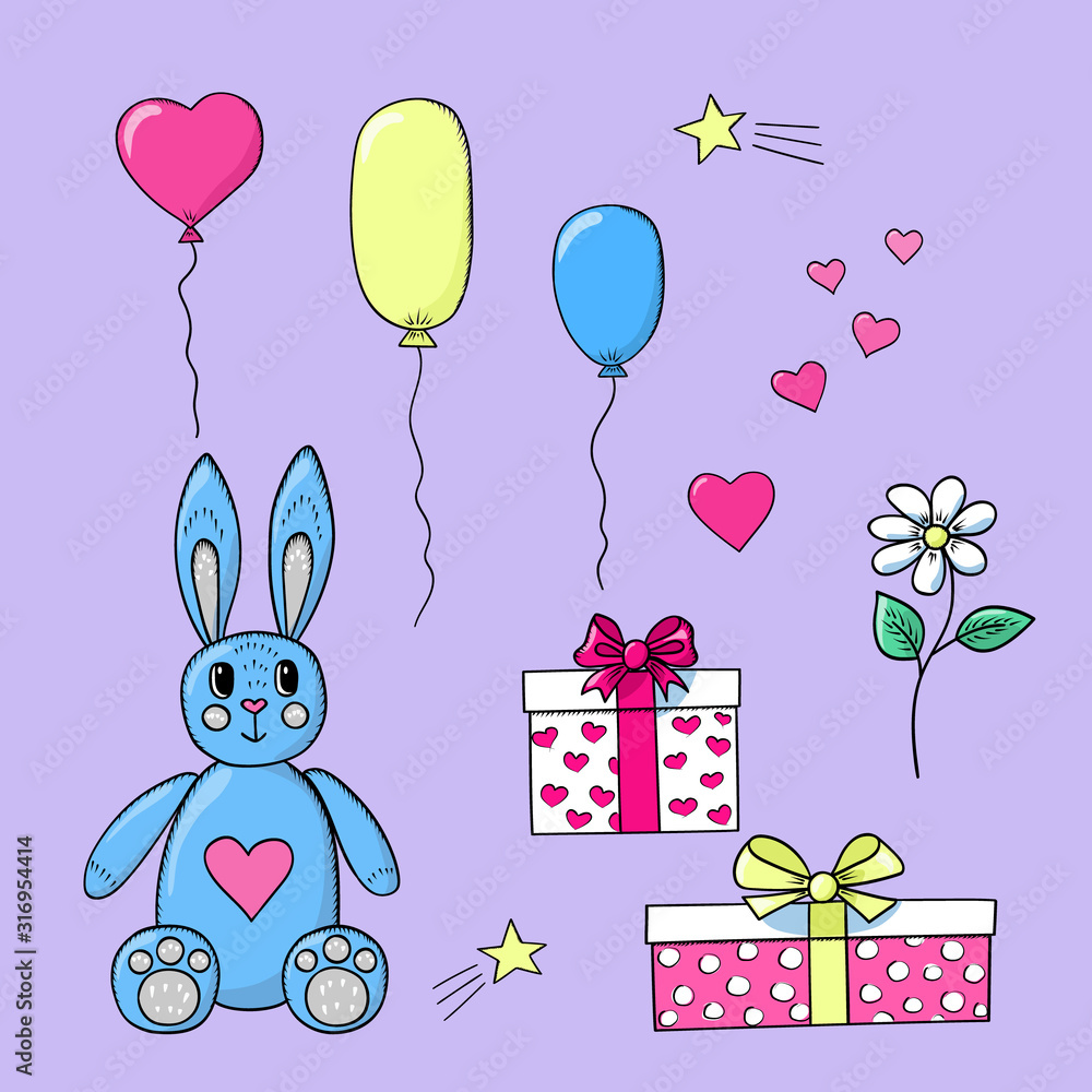 Gifts: toy bunny, balloons, packing boxes, hearts and chamomile. Doodle outline cartoon style colorful elements for valentines day and birthday festive banners and postcards. Stock vector isolated.