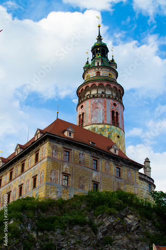 Vertical picture of the Castle Tower in State Castle, the most famous symbol of Cesky Krumlov, Czech Republic