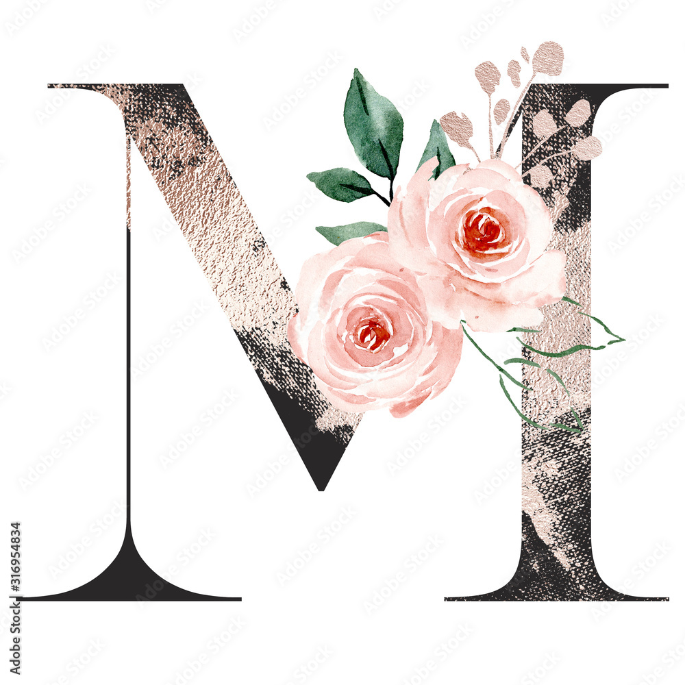 Letter m, gold & black alphabet letterhead with watercolor flowers ...