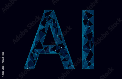 AI artificial intelligence letters 3D. Virtual assistant app geometric symbol robot support service technology. Chatbot logo template low poly vector illustration