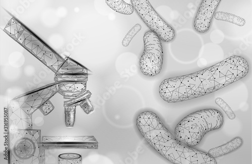 Bacteria microscope 3D low poly render probiotics. Healthy normal digestion flora of human intestine yoghurt production. Modern science medicine allergy immunity thearment vector illustration