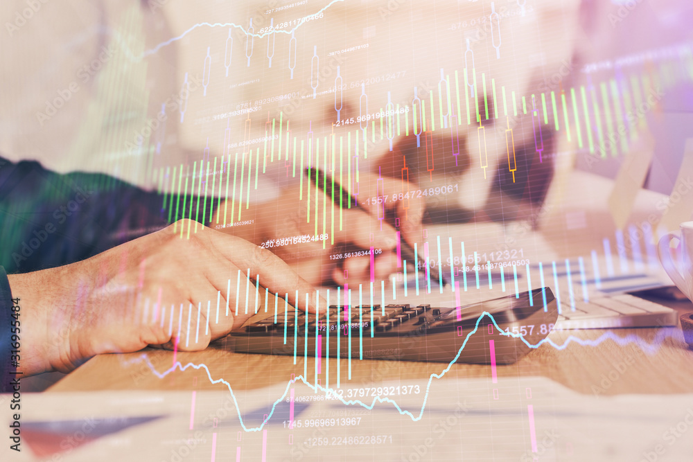 Financial trading graph multi exposure with man desktop background. Financial trading graph multi exposure with man desktop background.