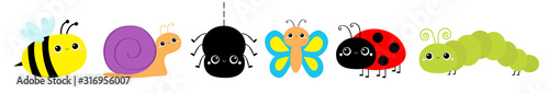 Insect set line. Ladybug ladybird, butterfly, green caterpillar, spider, honey bee, snail. Cute cartoon kawaii baby animal character. Flat design. Isolated. White background.
