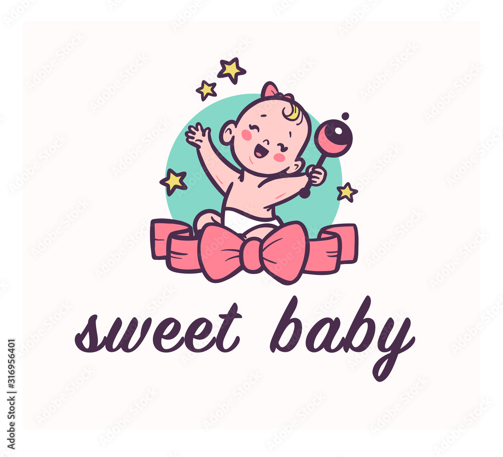 Sweet baby logo with little happy baby girl smiling sit and hold rattle with big bow in front her isolated. Baby care, toys and accessory shop emblem, logo, sign etc. Vector flat illustration.