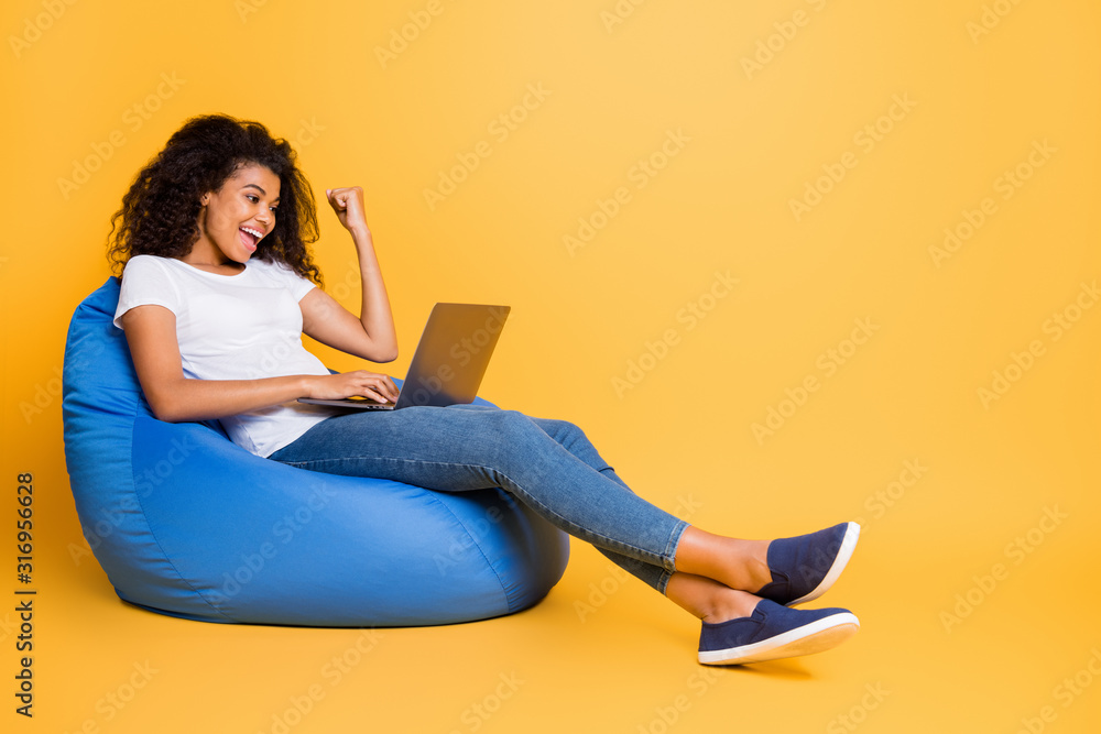 Portrait of nice attractive lovely cheerful cheery glad satisfied wavy-haired girl sitting in bag chair using laptop celebrating isolated over bright vivid shine vibrant yellow color background Portrait of nice attractive lovely cheerful cheery glad satisfied wavy-haired girl sitting in bag chair using laptop celebrating isolated over bright vivid shine vibrant yellow color background