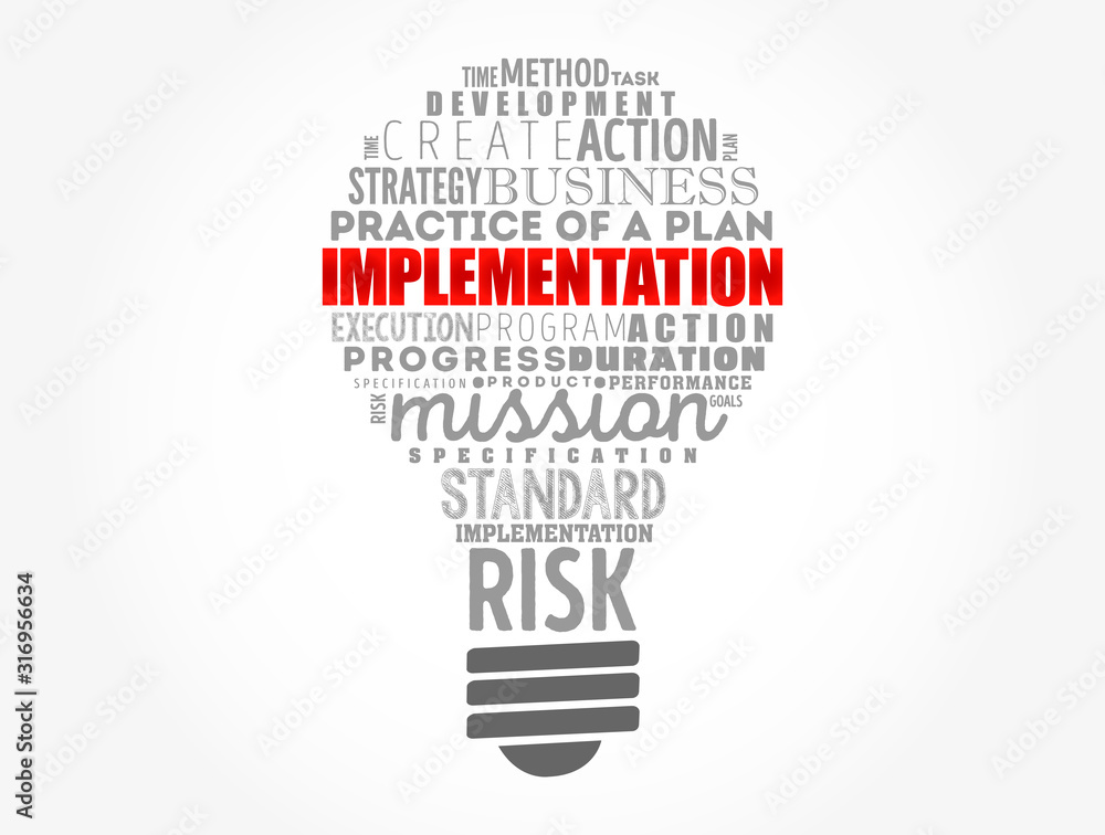 Implementation light bulb word cloud collage, business concept background Implementation light bulb word cloud collage, business concept background