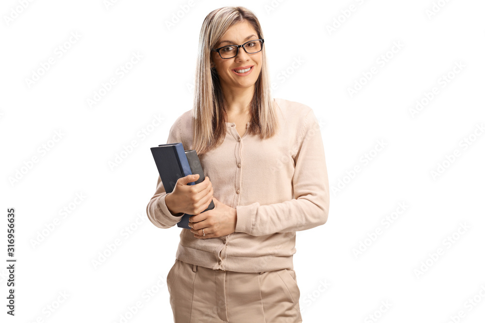 Portrait of a young female with glasses holding books Portrait of a young female with glasses holding books