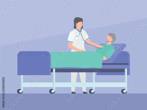 nurse check patients with stethoscope who laying on bed with simple flat style