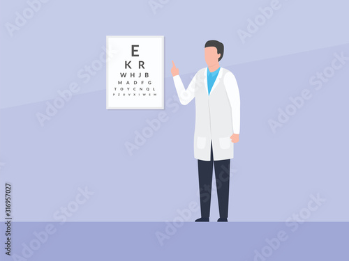 ophthalmology doctor check human eyes condition with alphabet board number with simple flat style