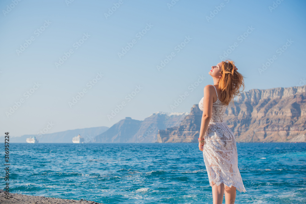 Plus size nice young woman with full hips and pretty figure rest at sea, vacation and trip concept