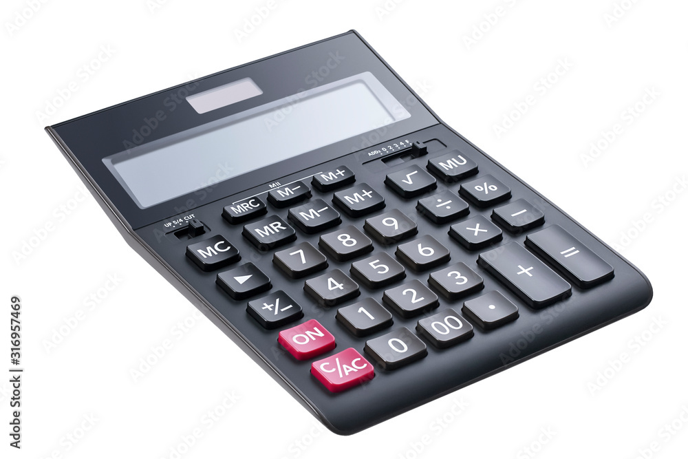 Side view of a large black accounting calculator with a blank display Isolated on a white background. Design element with clipping path. Side view of a large black accounting calculator with a blank display Isolated on a white background. Design element with clipping path.