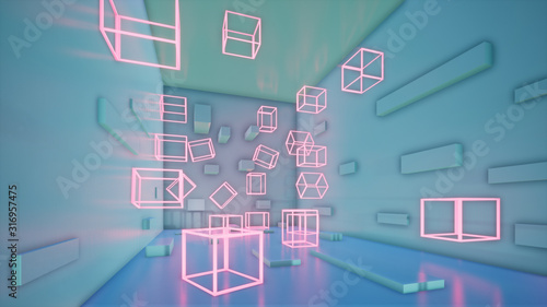 abstract blue geometric background with pink neon cubes, 3d render