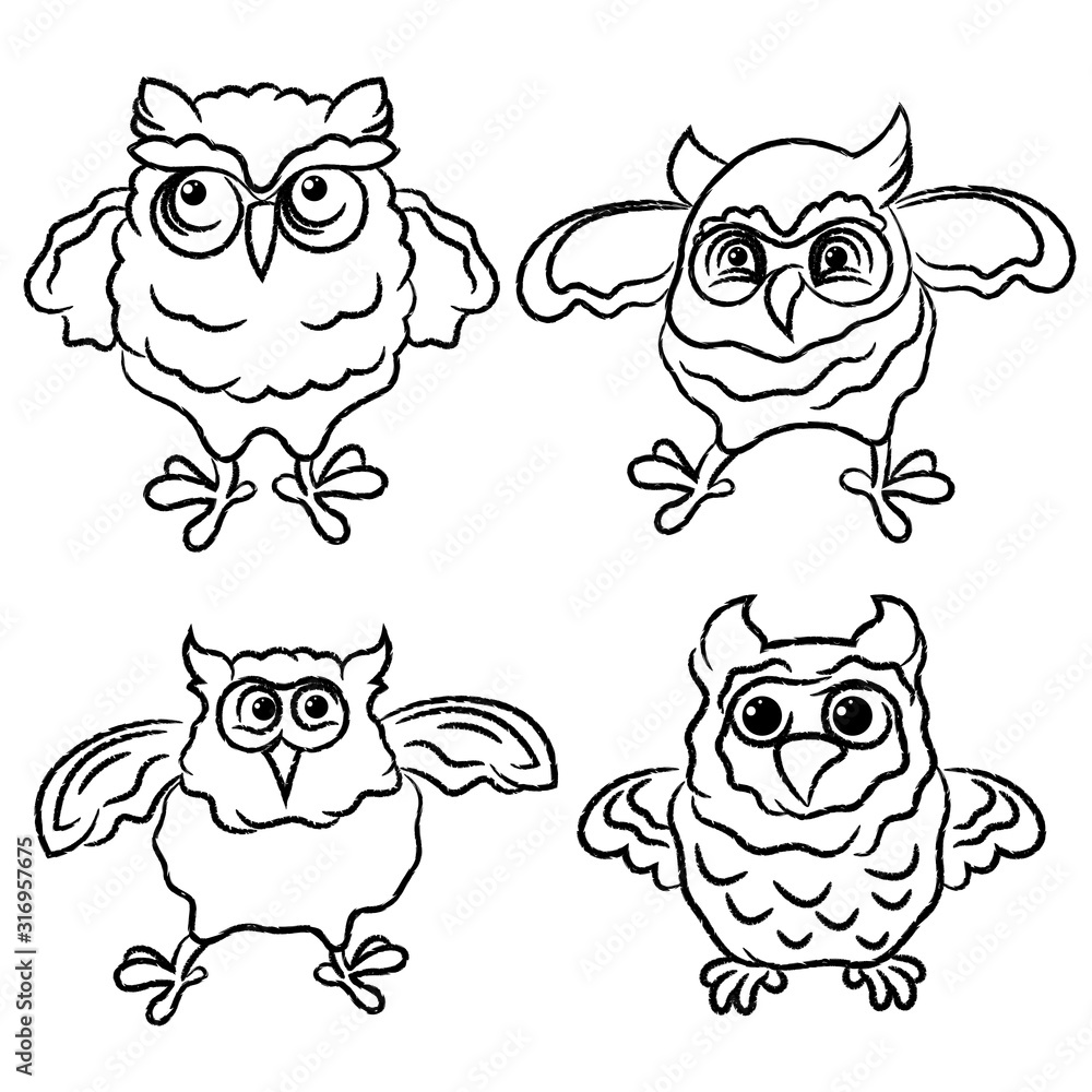 Set of four funny owls outlines