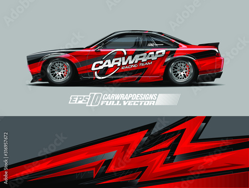 Car wrap decal graphic design. Abstract stripe racing background designs for wrap cargo van, race car, pickup truck, adventure vehicle. Eps 10