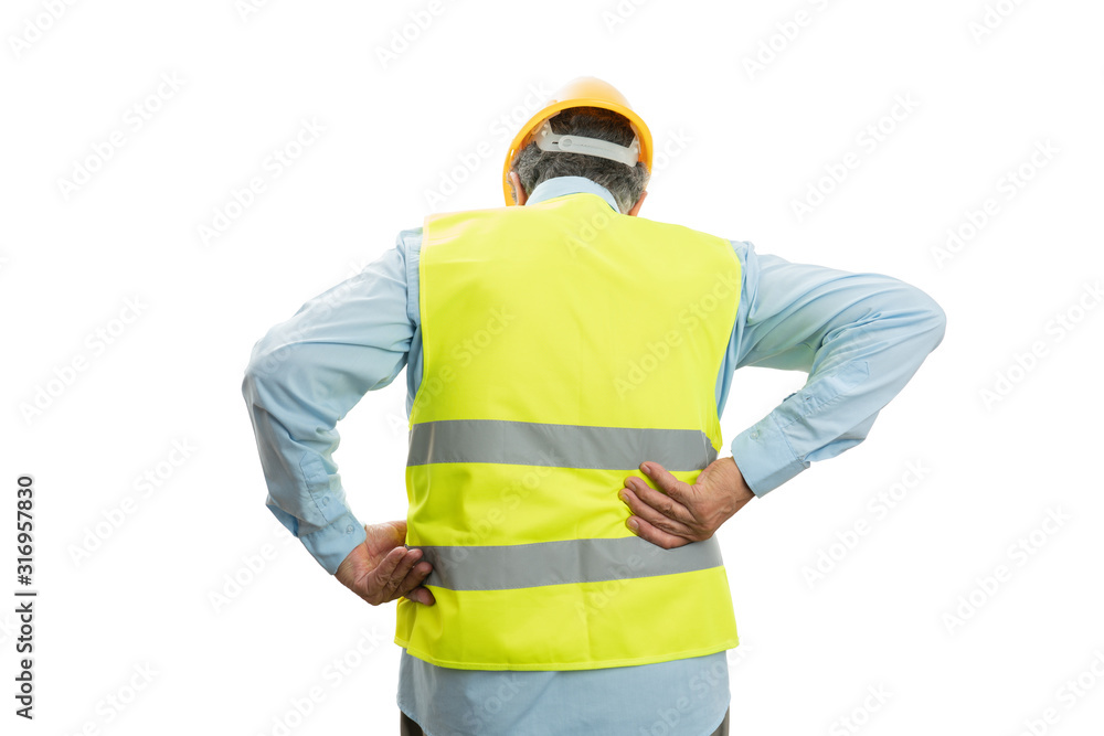 Builder touching painful back Builder touching painful back