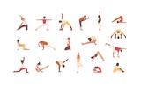 People doing yoga flat vector illustrations set. Male and female cartoon characters exercising. Men and women practicing Asana isolated collection on white background. Physical activity, workout.