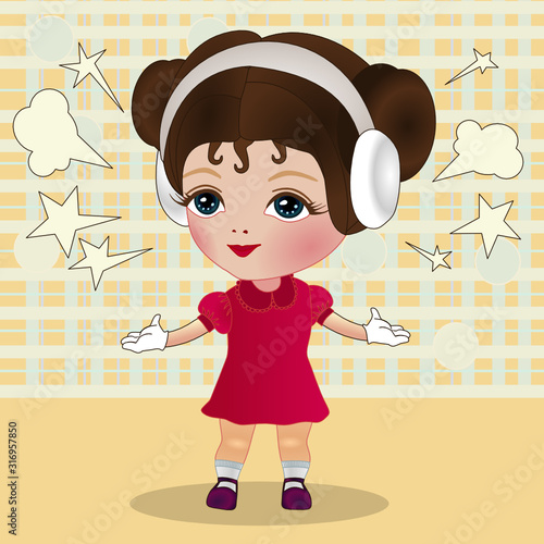 Emoticon with a cool happy girl in headphones, from the loud music from her ears comes steam, color vector emoji on checkered background