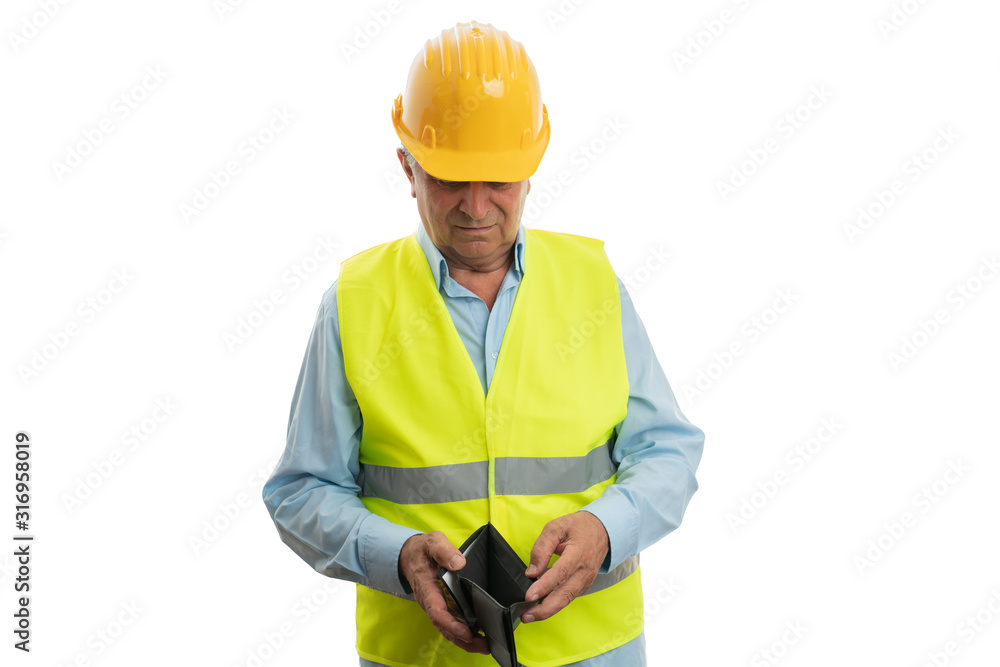 Construction worker looking at wallet