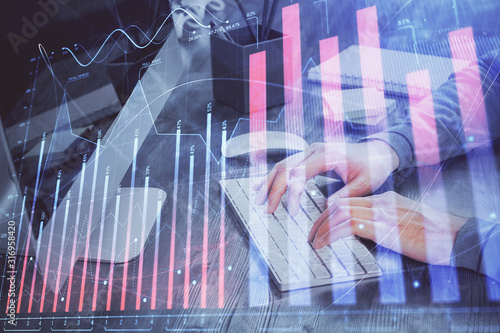 Double exposure of financial graph with man works in office on background. Concept of analysis.