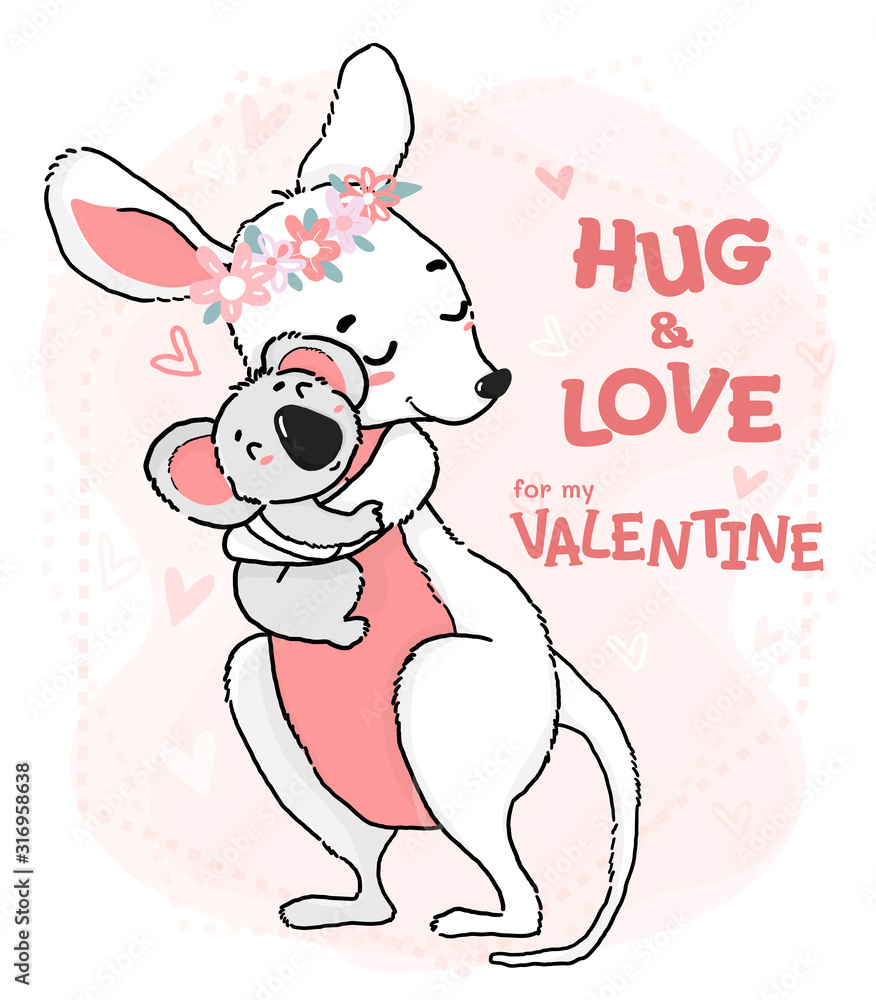 cute outline drawing koala hug and love kangaroo, flat vector animal  character cartoon idea for greeting card, nursery print and kid stuff, for  my valentine vector de Stock | Adobe Stock