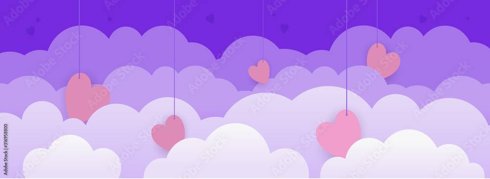 Simple Banner with clouds and hearts for cards for mother's day, valentines day, purple trend color, cute cartoon clouds. Happy valentine's day concept, vector art and illustration.