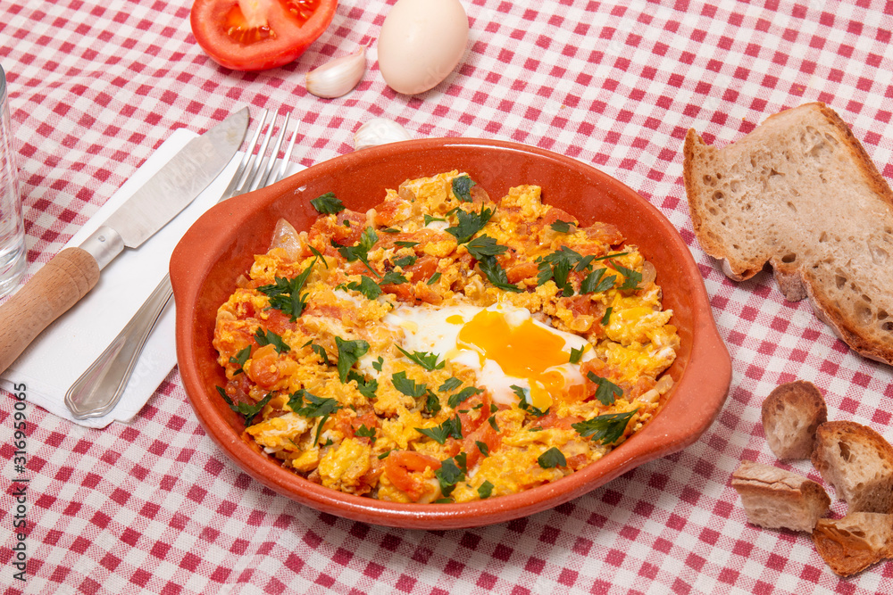 Traditional homemade meal of tomato with egg Traditional homemade meal of tomato with egg