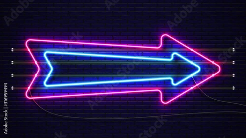 Glowing, blinking neon arrow. Neon sign, icon, banner with flash light. 4K Animation.