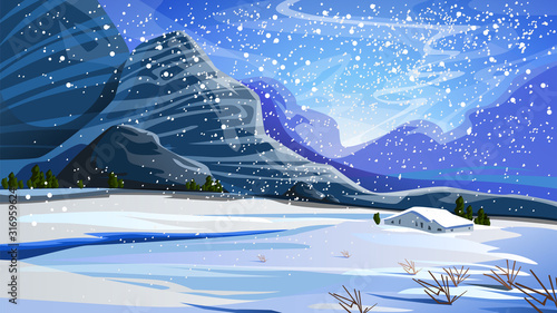 Winter landscape with mountains. Vector illustration.
