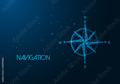Futuristic navigation concept with glowing low polygonal compass rose