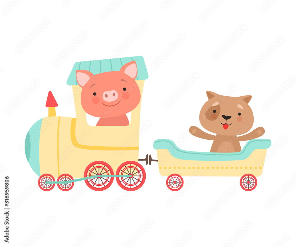 Cheerful Red Cheeked Pig and Dog Driving Toy Wheeled Train Vector Illustration Cheerful Red Cheeked Pig and Dog Driving Toy Wheeled Train Vector Illustration