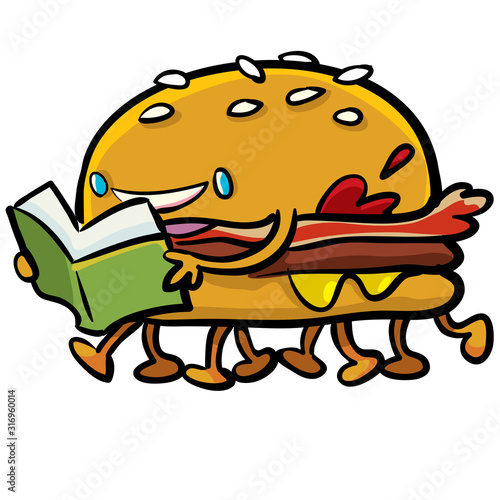 burger with legs reading a book