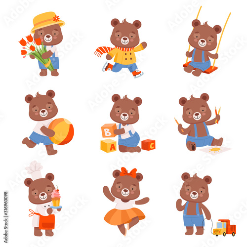 Cute Cartoon Bears Vector Set. Bear Animal Ice Skating and Drawing